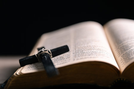Religious belief concept Close up prayer Christian church service Bible Holy cross Spiritual power...