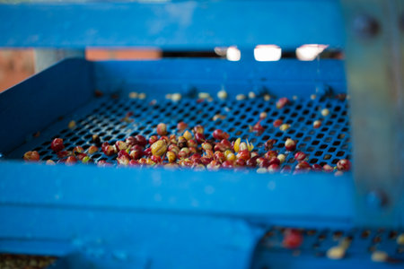 Smart farming techniques machinery roast apparatus coffee bean dry sunlight tool sunbeam sunray sunshine fresh garden produce agriculture promotes farmer concept close up plant farm blur backgroundの写真素材