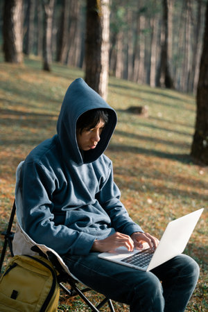 Future remote work combines technology nature smart phone enable e-learning productivity while traveling blending comfort modern devices serenity computer equipment business connection natural worldの写真素材