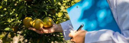 Business farm ripe orange concept farmer hand pick nature fruit citrus orchard mandarin tree growing...
