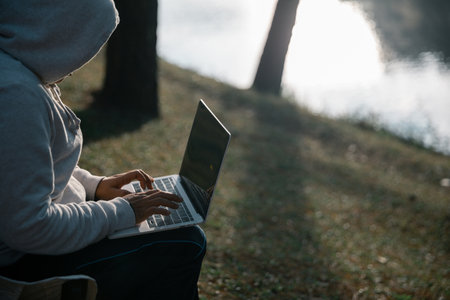 Future remote work combines technology nature smart phone enable e-learning productivity while traveling blending comfort modern devices serenity computer equipment business connection natural worldの写真素材