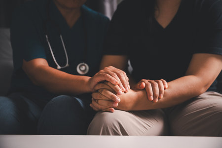 Hand and deep empathy, doctor offers medicine, support and hope to every patient, building trust through compassionate health care in clinic, hospital setting true care and medicals restore health.の写真素材