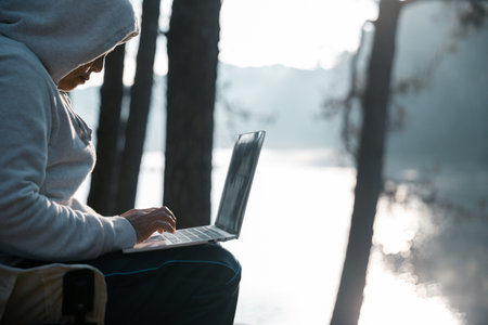Future remote work combines technology nature smart phone enable e-learning productivity while traveling blending comfort modern devices serenity computer equipment business connection natural worldの写真素材