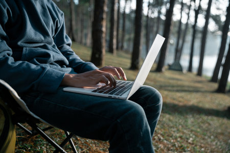 Future remote work combines technology nature smart phone enable e-learning productivity while traveling blending comfort modern devices serenity computer equipment business connection natural worldの写真素材
