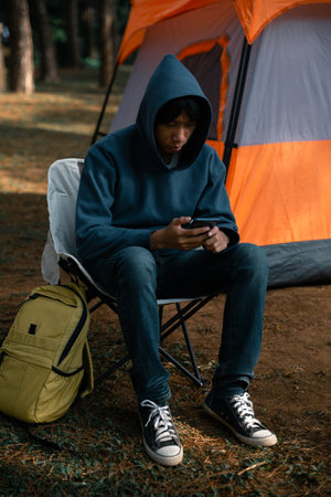 Future remote work combines technology nature smart phone enable e-learning productivity while traveling blending comfort modern devices serenity computer equipment business connection natural worldの写真素材