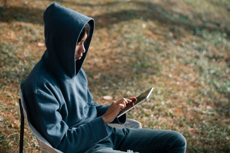 Future remote work combines technology nature smart phone enable e-learning productivity while traveling blending comfort modern devices serenity computer equipment business connection natural worldの写真素材