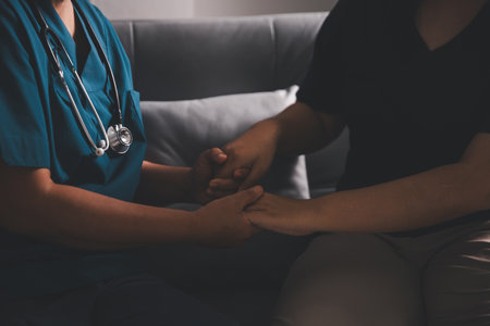 Hand and deep empathy, doctor offers medicine, support and hope to every patient, building trust through compassionate health care in clinic, hospital setting true care and medicals restore health.の写真素材