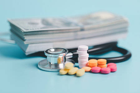 Expense of health care involves navigating pharmaceutical costs, prescription pills, medicine, finance, insurance, pharmacy support crucial roles in treating disease, covering necessary medicals.の写真素材