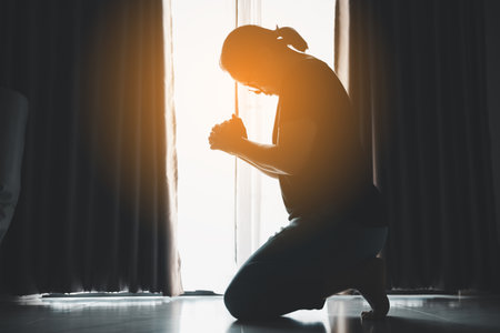 people and hope concept. happy woman opening window curtains. Hands, palms of person for support, giving and hope. hand gesture for kindness with help, community, gratitude or cupping for thank you.の写真素材