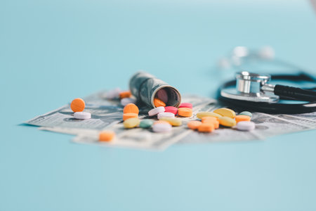 Expense of health care involves navigating pharmaceutical costs, prescription pills, medicine, finance, insurance, pharmacy support crucial roles in treating disease, covering necessary medicals.の写真素材