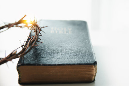 Crown of thorns is holy symbol in Christianity, representing sacrifice of Jesus Christ as described in Bible and serving as powerful reminder of faith, religion, spirituality and meaning of Easter.の写真素材