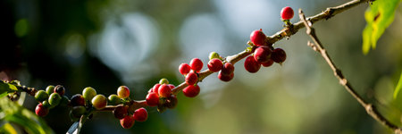 Farmer concept harvest fruit ripe coffee seed robusta arabica berry close up fresh green leaf bean picking orange crop red yellow berries raw plant tree farm growth blur background eco organic gardenの写真素材