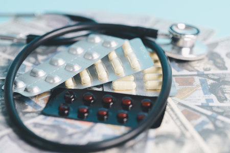 Expense of health care involves navigating pharmaceutical costs, prescription pills, medicine, finance, insurance, pharmacy support crucial roles in treating disease, covering necessary medicals.の写真素材