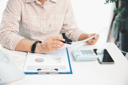 Businesswoman analysis with financial data, marketing business strategy project, Business financing...