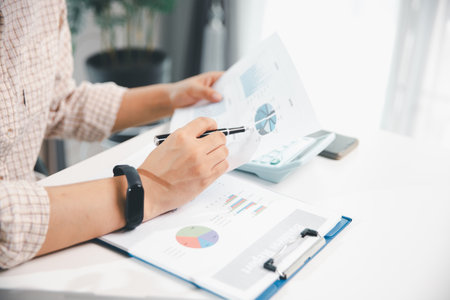 Businesswoman analysis with financial data, marketing business strategy project, Business financing...