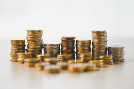 Finance and banking, saving coins, cash, gold while making smart investments in business, currency...