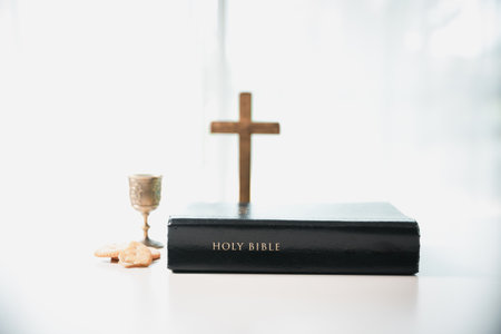 Christianity, holy communion ceremony is sacred act of worship and faith, where bread and wine in...