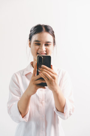 Asian woman rejoicing, looking happy, fist pump gesture, standing over white background. young woman...