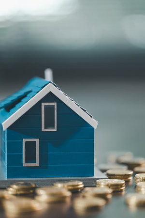 House model placed beside money coins illustrates concept of saving and financial planning for buying home, highlighting investment, mortgage options, home loans, refinancing, smart finance strategiesの写真素材