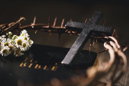 Closeup of Jesus Christ wearing crown of thorns during His crucifixion captures the suffering, sacrifice, and deep spirituality that define Easter and the core of Christian faith and religion.の写真素材