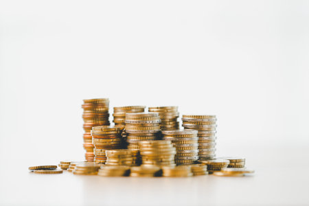 Finance and banking, saving coins, cash, gold while making smart investments in business, currency...