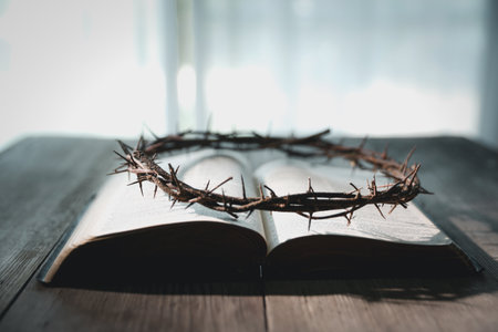 Closeup of a crown of thorns captures the suffering, sacrifice, and deep spirituality that define...