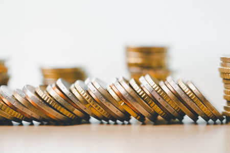 Finance and banking, saving coins, cash, gold while making smart investments in business, currency...