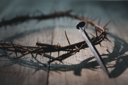Crucifixion of Jesus Christ, nail-pierced hands, crown of thorns, cross, symbol of Christianity,...