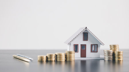 House models with stacked coins in front, symbolizing mortgage loan, real estate investment,...