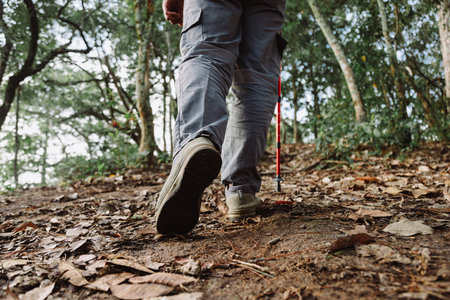 Close up of hiker walking uphill in forest with trekking pole, symbol of adventure, determination, outdoor lifestyle, hiking activity, travel journey and exploration in nature trail.の写真素材
