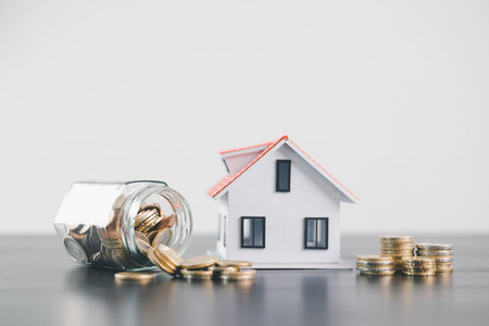 Glass jar with spilled coins beside house model, symbolizing savings, mortgage loan, property finance, real estate investment, home ownership, wealth, money management concept on minimal background.の写真素材