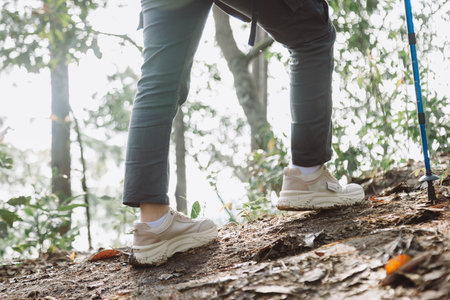 Close up of hiker walking uphill in forest with trekking pole, symbol of adventure, determination, outdoor lifestyle, hiking activity, travel journey and exploration in nature trail.の写真素材
