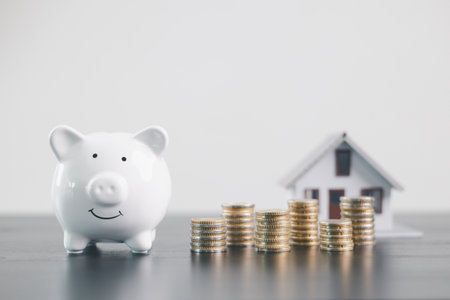 Mini house model with coins and white piggy bank, representing mortgage loan, real estate...