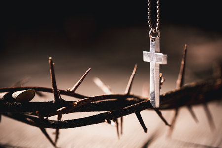 Closeup of a crown of thorns during crucifixion captures the suffering, sacrifice, and deep spirituality that define Easter and the core of Christian faith and religion.の写真素材