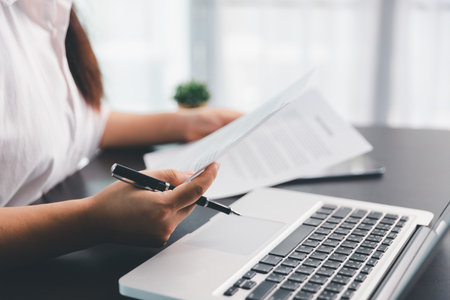 Business woman analyze calculate company financial, tax results office accounting statistics...