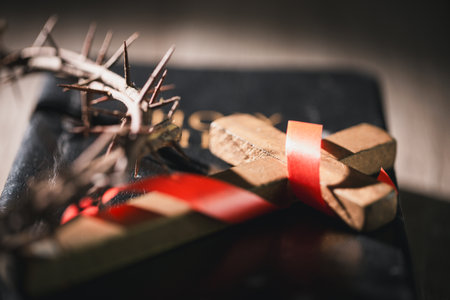Closeup of Jesus Christ wearing crown of thorns during His crucifixion captures the suffering, sacrifice, and deep spirituality that define Easter and the core of Christian faith and religion.の写真素材
