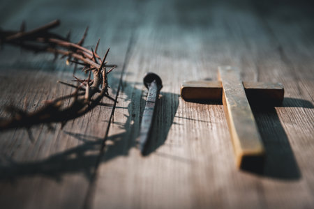 Crucifixion of Jesus Christ, nail-pierced hands, crown of thorns, cross, symbol of Christianity,...