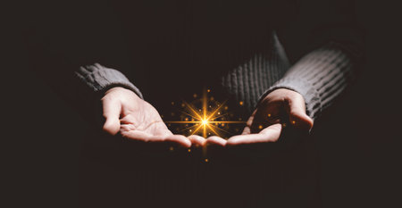 Hands holding glowing light, symbolizing hope, healing, faith, inspiration, spiritual energy, new...