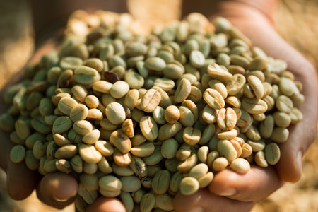 Close up smart farmer techniques hand coffee bean machinery roast apparatus dry sunlight tool sunbeam sunray sunshine fresh garden produce agriculture promotes farmer concept farm blur backgroundの写真素材