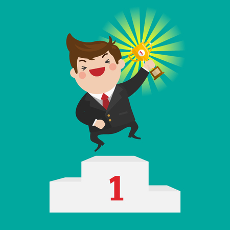 Happy business man with a big smile while win a victory trophyのイラスト素材
