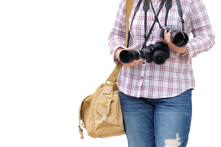 Amateur woman photographer who loves to take photography with her gears and equipments. With clipping path.の写真素材
