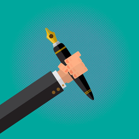 The Calligraphy Pen in a Writer Male Hand. Flat Vector Style.のイラスト素材
