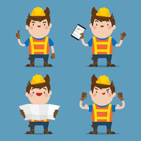 Cute Male Construction Worker  action set, Flat Vector Style Character.のイラスト素材
