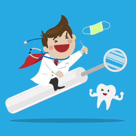 Happy Male Dentist Riding a Mouth Mirror Treatment is not Terrible for Made a Children Feel Relax, Dentist Cute Vector Flat Cartoon Style. のイラスト素材