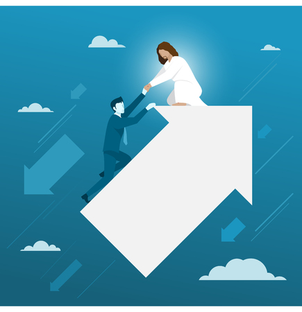 Jesus helping businessman from falling down, simple flat vector.のイラスト素材