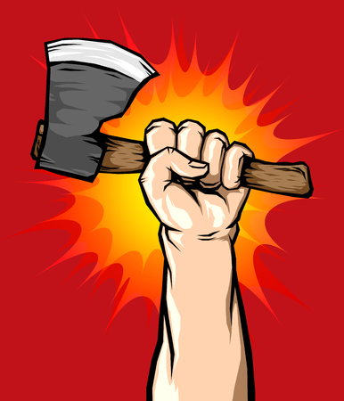 Male Hand Holding Axe in the Air, Vector illustration.のイラスト素材