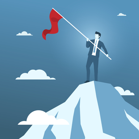 Businessman Holding Red Flag on the Top of Mountain, Concept of Business Success or Business conquerer.のイラスト素材