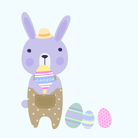 Cute pastel colored easter rabbit holding easter eggs.のイラスト素材