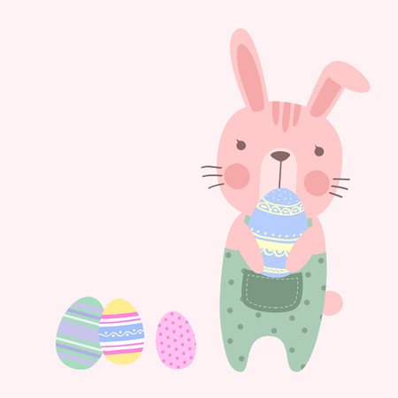 Cute Pastel Easter Rabbit Holding an Easter Eggs.のイラスト素材