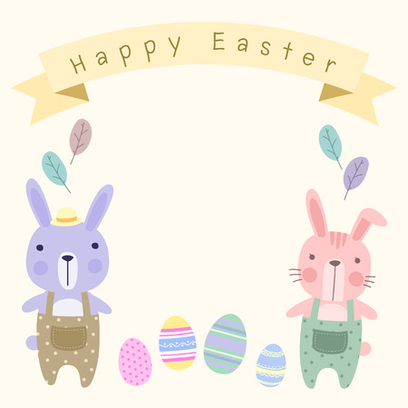 Easter greeting card template with  cute couple bunny and eggs design.のイラスト素材